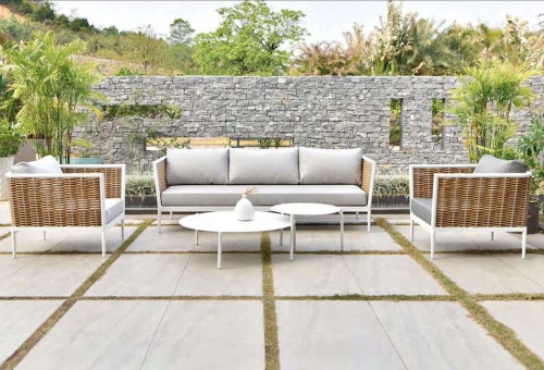 Salon de jardin CORAL en aluminium et résine tressée - Set complet 3+2 places