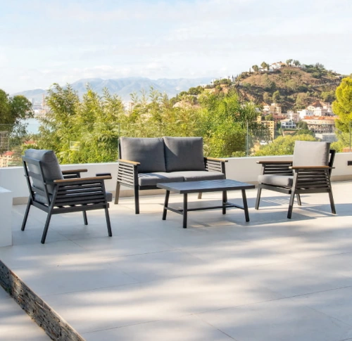 Salon de jardin sofa - CASABLANCA - en aluminium anthracite - Canapé 2 places, 2 fauteuils et table basse - 4 et 5 places