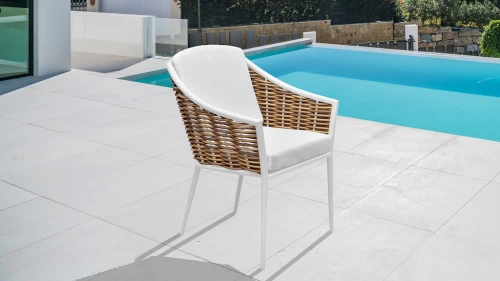 Fauteuils à manger en aluminium et résine tressée - CORAL - finition blanche - tissu Batyline gris - set de 2