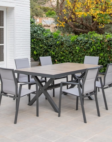 Table à manger en aluminium et céramique imitation bois - MADRID - finition anthracite - 6 places