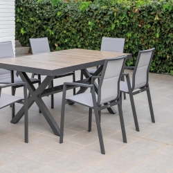 Salon de jardin à manger en aluminium et céramique imitation bois - MADRID - finition anthracite - tissu textilène gris - 6 places