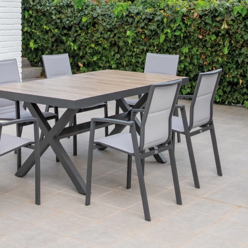 Salon de jardin à manger en aluminium et céramique imitation bois - MADRID - finition anthracite - tissu textilène gris - 6 places