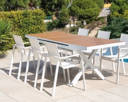 Salon de jardin à manger en aluminium - MALI OPORTO - finition blanche - table extensible 180 par 240 cm - 6 places