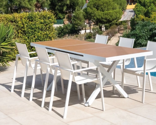 Salon de jardin à manger en aluminium - MALI OPORTO - finition blanche - table extensible 180 par 240 cm - 6 places