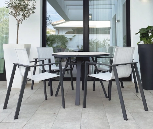 Fauteuils à manger en aluminium - OPORTO - finition anthracite - tissu textilène gris - set de 2