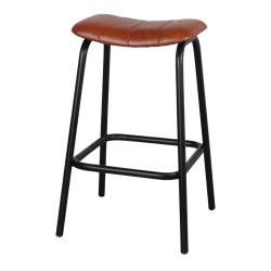 Tabouret avec un style industriel, structure en tubes d’acier finition noir et assise en cuir - modèle 074 - marron