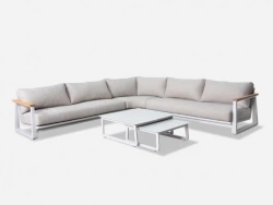 Set angle Leather II en aluminium accoudoirs en teck avec coussins - crème