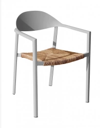 Fauteuil empilable - BAGE - Aluminium époxy blanc - Assise wicker beige