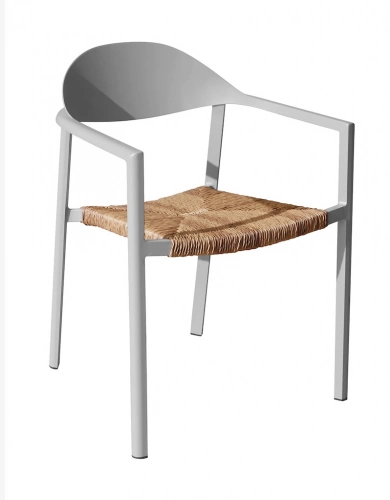 Fauteuil empilable - BAGE - Aluminium époxy blanc - Assise wicker beige