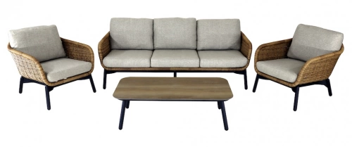 Set 3 pièces - TORNADO - Aluminium époxy graphite - Revêtement wicker twisted naturel - Coussins déhoussables beige