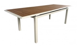 Table extensible - LOUISIANE II - Aluminium époxy crème - Plateau aluminium Heat look chêne - 187/247 x 101 cm