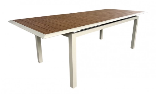 Table extensible - LOUISIANE II - Aluminium époxy crème - Plateau aluminium Heat look chêne - 187/247 x 101 cm