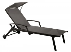 Lit empilable - FLORENCE - Aluminium époxy graphite - Toile TPEP gris - Accoudoirs escamotables - Ombrelle - Roues