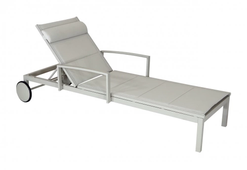 Lit de relaxation en aluminium et TPEP matelassé – NINA – Dossier réglable avec accoudoirs et roues – Coloris crème et chevron