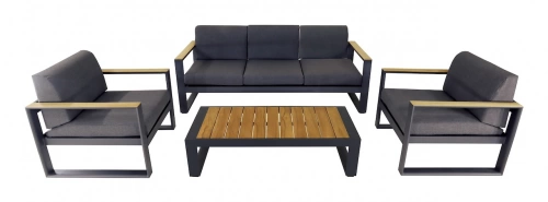 Salon de jardin 4 pièces en aluminium et teck FSC avec coussins – ALEXANDER – Coloris graphite