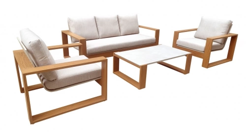 Salon de jardin 4 pièces en aluminium avec coussins – LASER – Coloris chêne et crème