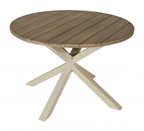 Table ronde de jardin en aluminium et acacia FSC – ORIANE Ø112 – Coloris crème et acacia