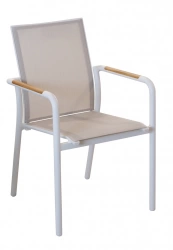 Fauteuil repas empilable - AROHA - Blanc chevron - Aluminium époxy - Accoudoirs teck FSC