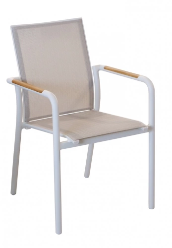 Fauteuil repas empilable - AROHA - Blanc chevron - Aluminium époxy - Accoudoirs teck FSC
