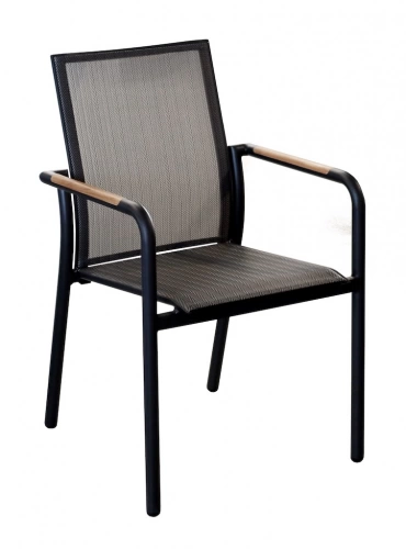 Fauteuil repas empilable – AROHA – Graphite chevron – Aluminium époxy – Accoudoirs teck FSC