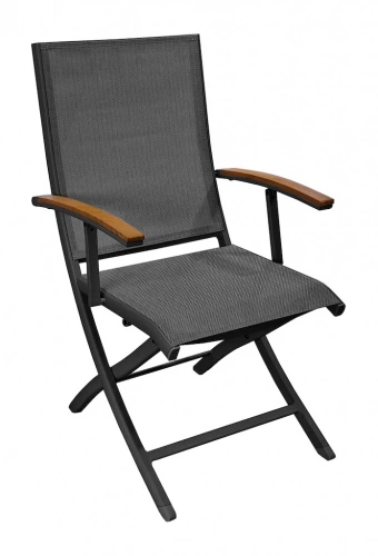 Fauteuil repas pliant – TREVISE – Graphite chevron – Aluminium époxy – Accoudoirs teck FSC