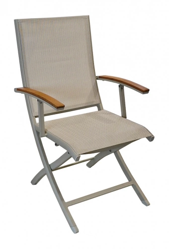 Fauteuil repas pliant – TREVISE – Crème chevron – Aluminium époxy – Accoudoirs teck FSC