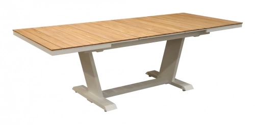 Table de repas extensible – AMBER – 180/240 x 100 cm – Aluminium époxy blanc / Lames teck – Allonge automatique