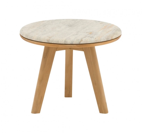 Table basse – IBISCUS – Ø50 cm – Teck FSC 100% / Travertin – Teck