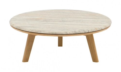 Table basse – IBISCUS – Ø80 cm – Teck FSC 100% / Travertin – Teck
