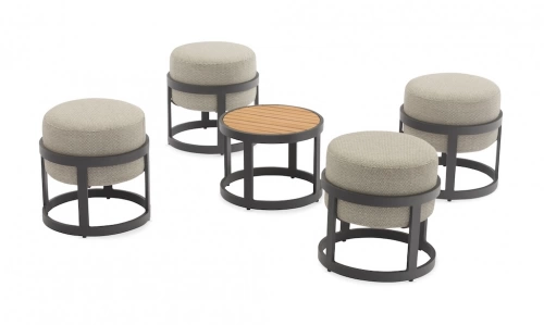 Set TOTEM (4 tabourets + 1 table) – Empilable – Aluminium époxy / Teck FSC – Graphite