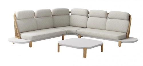 Set salon d’angle MONTAGNE – 2 méridiennes + 1 angle + table basse – Crème naturel