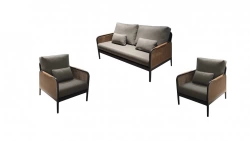 Set salon bas RAPHIA – 1 canapé 2 places + 2 fauteuils – Graphite / Naturel / Gris