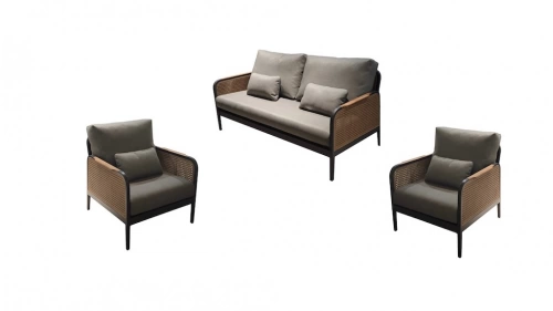 Set salon bas RAPHIA – 1 canapé 2 places + 2 fauteuils – Graphite / Naturel / Gris